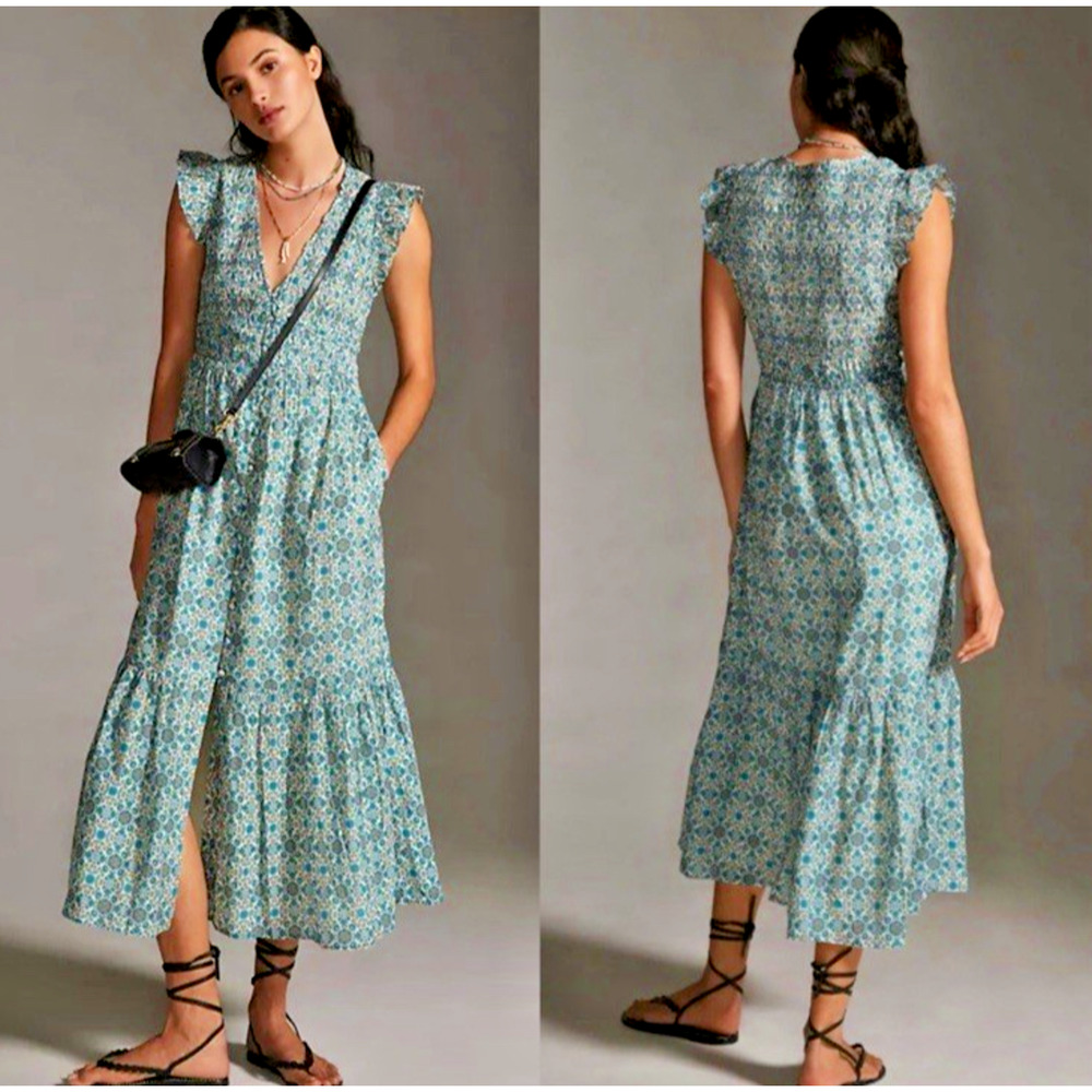 Anthropologie Teal Floral Midi Dress